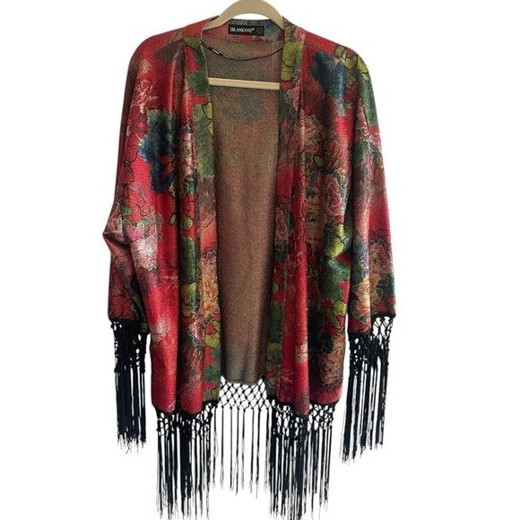 Blank NYC Red Floral Drifter Fringe Kimono Cardigan Women’s Size Large Bohemian - Picture 1 of 6
